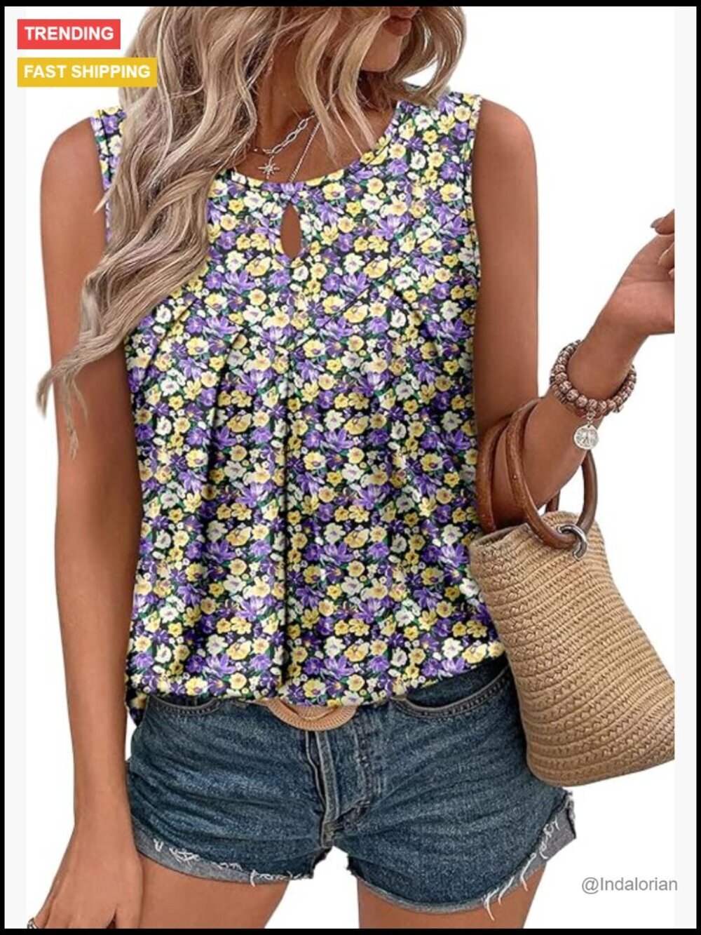 Knitted Fabric Sleeveless Tank Top Folded Front Tunic Loose Fit